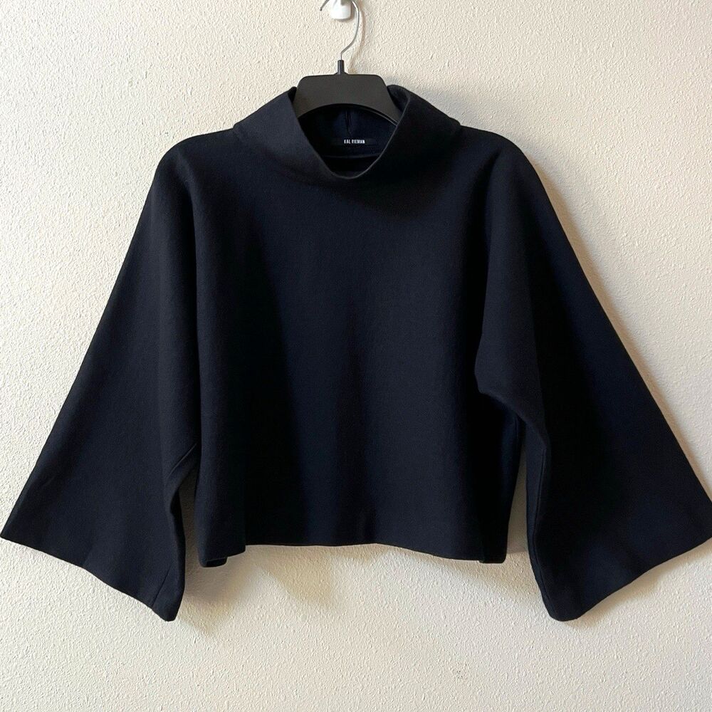 Kal Rieman Cropped Boxy Wool Top Medium Black Mock Neck USA Made Lagenlook